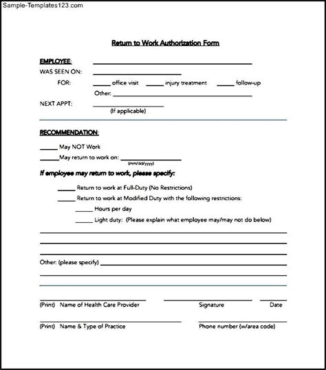 Work Authorization Form Example Sample Templates Free Download Nude
