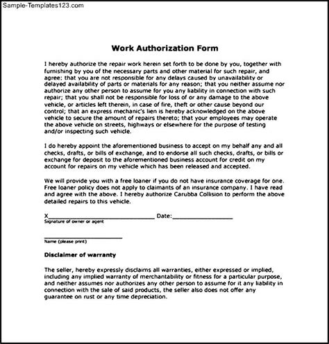 Work Authorization Sample Form Gambaran