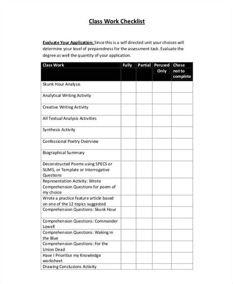 Work Checklist Template 9+ Free Samples, Examples Format Download