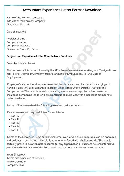 Work Experience Letter Format For Assitant Accountant