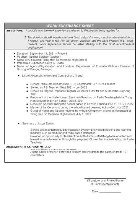 Work Experience Sheet