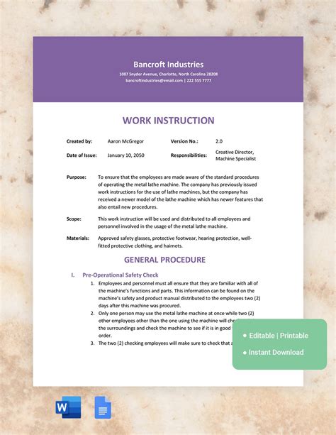 Work Instruction Sample in Word, Google Docs Download