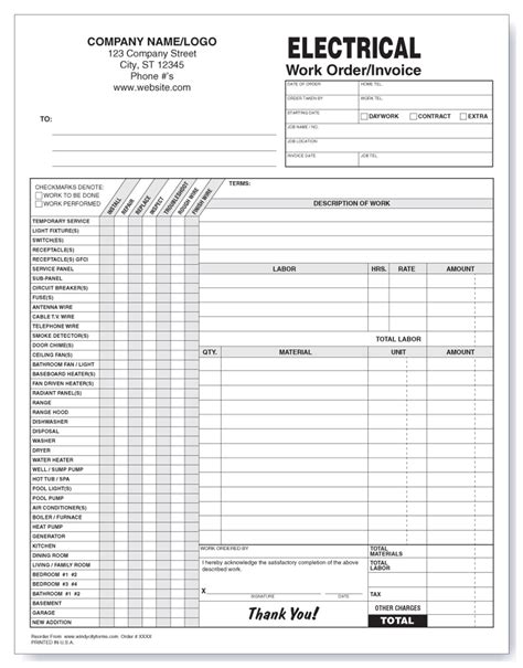 Work Order Forms Electrical Work Order/Invoices