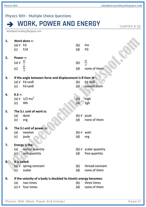 Work Power And Energy Test Multiple Choice