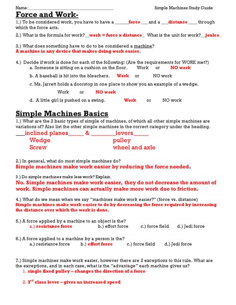Work and simple machines worksheet answer key.  The formula for workis: Work (W) = F...
