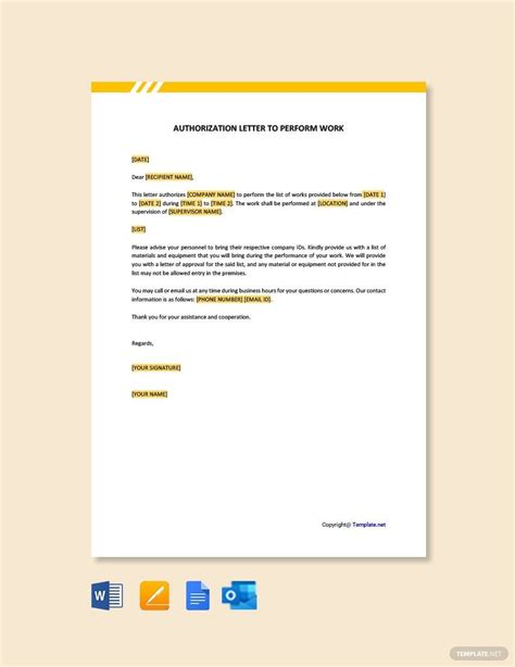 Work authorization template in Word and Pdf formats