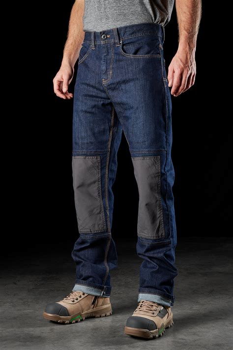 Work jeans. They have a straight leg opening that easily fits over work boots, and reinforced belt loops for added protection against wear and tear. These jeans are made from 85% Cotton, 14% Polyester, and 1% Spandex. They are available in several denim washes. Carhartt Men’s Straight Leg Flannel Lined Jean. 