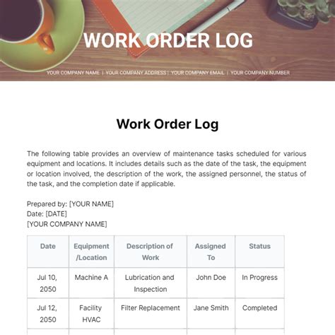 Work order log.  Edit and customize your professional work order log online for f...