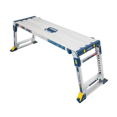 Work platform. 4.6 ft. x 2.5 ft. Aluminum Heavy-Duty PRO Slim-Fold Work Platform, 4 Adjustable Heights, 375 lbs. Load Capacity. Add to Cart. Compare $ 171. 00 (67) Model# E-PWP7101AL. MetalTech. Jobsite Series 31 in. Adjustable Work Platform, Aluminum Step Stool for Adults and Portable Work Bench with Rubber Feet. Shop this … 