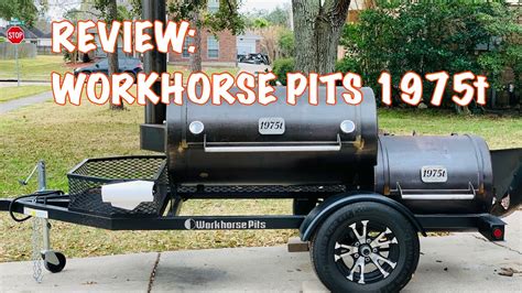 Workhorse 1975t. The 1975 comes stock with a fold-down smoke stack, two thermometers, and a probe port for six wires to monitor your BBQ temperatures. SPECIFICATIONS. Cooking Surface -2316 Sq Inches with Top Pull-out Rack and Cowboy Grill. 47"x23.25" Grate in Main Chamber. 40.5"x15" Optional Top Rack. 