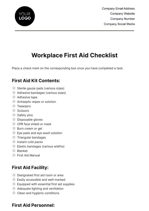Workplace First Aid Checklist Template Sample