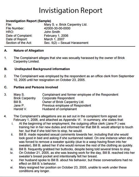 Workplace Investigation Report Template Professional Template Examples