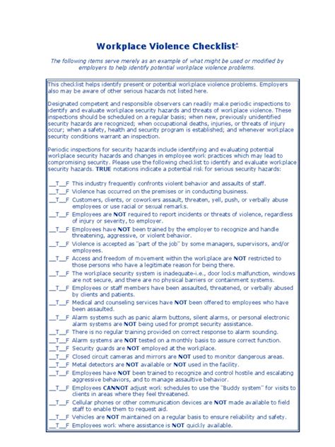Workplace Violence Checklist Violence Employment