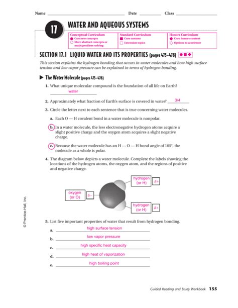 Worksheet 15 Aqueous Systems Water Answers Chapter