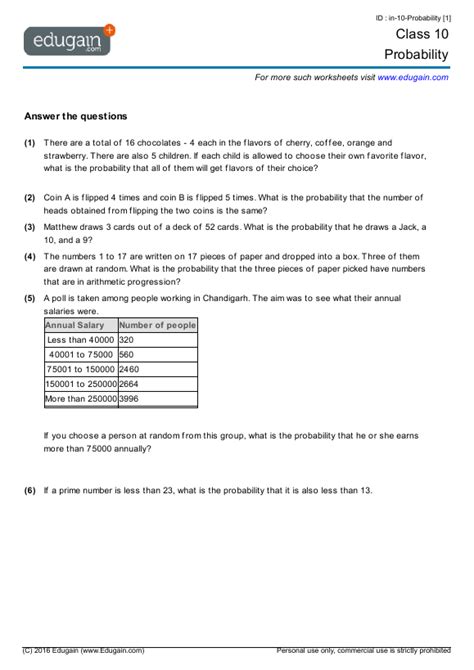 Worksheet 19 Probability Grade 10 Maths - Maths At Sharp