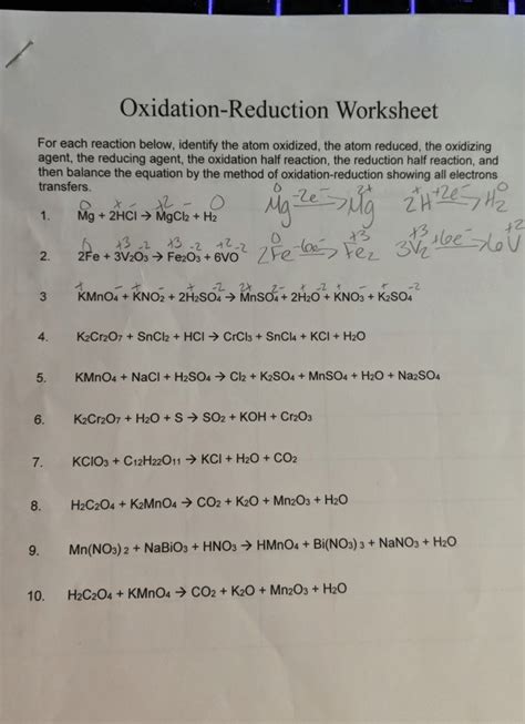 Worksheet 25 Oxidation/Reduction Reactions Oxidation number