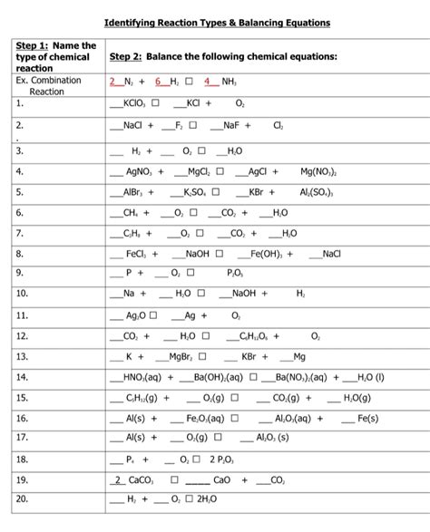 Worksheet 3 Balancing Equations And Identifying Types Of Reactions Answers