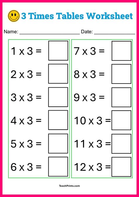 Worksheet 3 Times Tables Multiplication Table Worksheets Pri