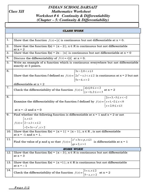 Worksheet 6 Continuity Differentiability PDF Function (Mathematics