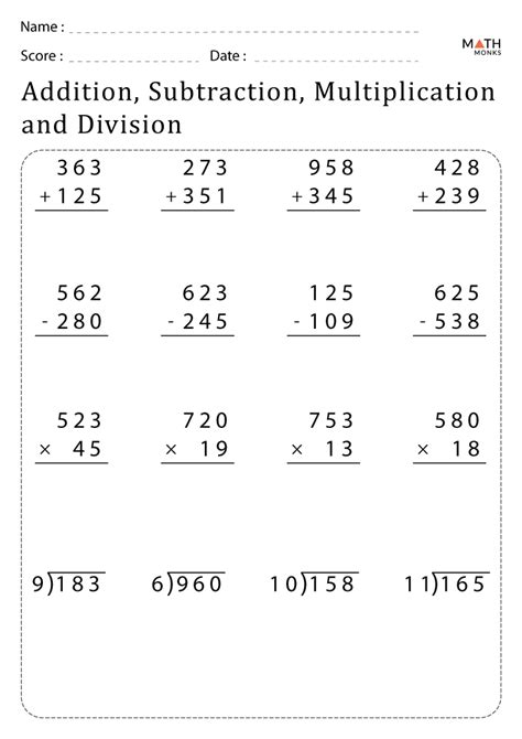 Worksheet Addition Subtraction Multiplication Division Math