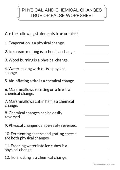 Worksheet Answers Physical and Chemical Changes
