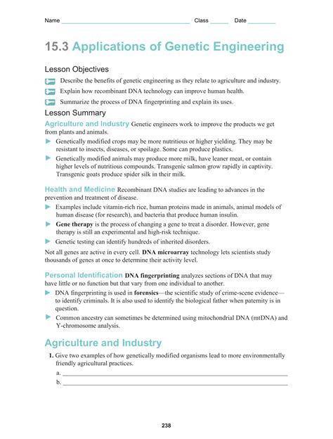 Worksheet Applications Of Genetic 153 Engineering