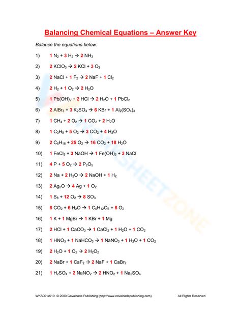 Worksheet Balancing Equations Answer Chemical Key