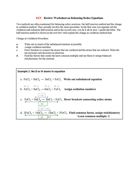 Worksheet Balancing Redox Reactions Half Equation Method