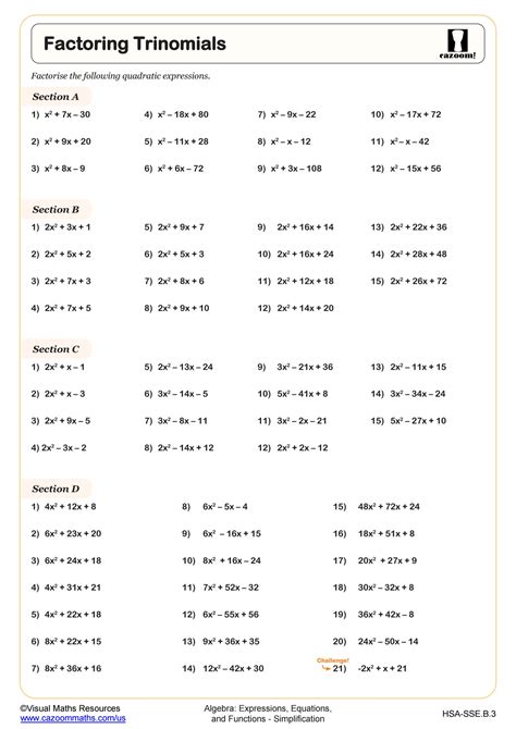 Worksheet Factoring Trinomials A 1 Answers Key With Work Master of Documents