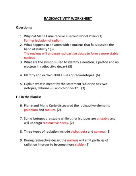 Worksheet Key Radioactivity Answer