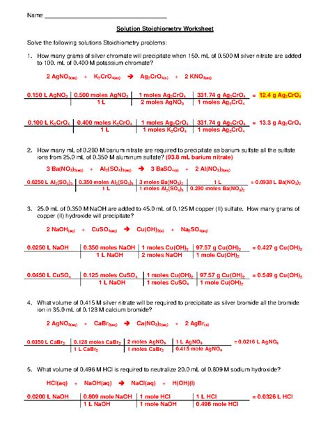 Worksheet Mixed Stoichiometry Answers