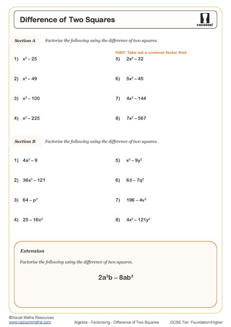 Worksheet Of Two Squares With Answers Difference