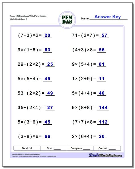 Worksheet On Order Of Operations