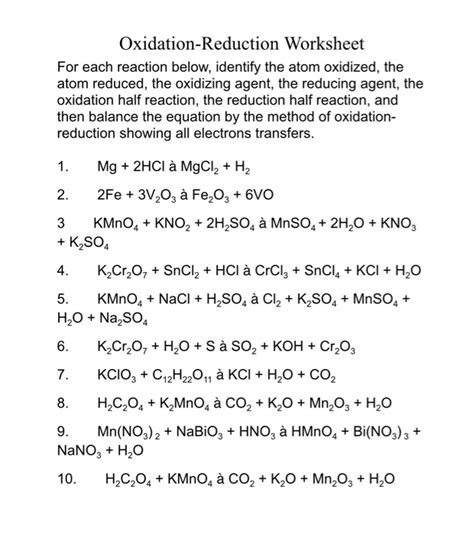 Worksheet Oxidation Reduction Reaction Answers