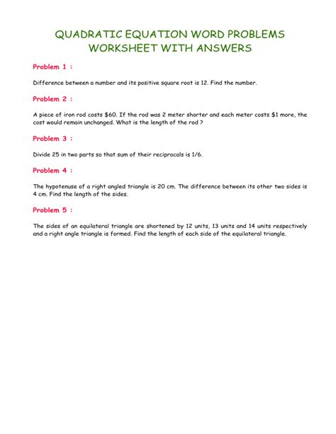 Worksheet Problems Equation Word Quadratic With Answers
