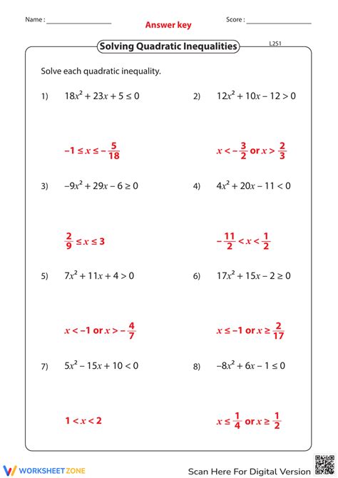 Worksheet Quadratic Inequalities With Answers