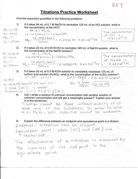 Worksheet Titrations Key Answer