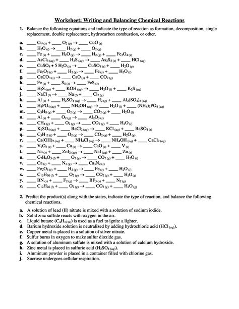 Worksheet Writing And Balancing Chemical Reactions Answer Key Worksheet
