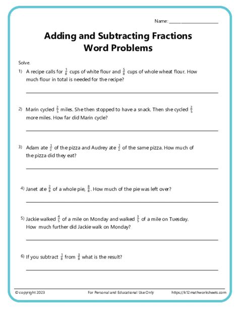 Worksheet on Add and Subtract Fractions Word Problems Fractions