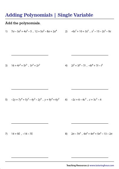 Worksheet on Addition of Polynomials Adding Polynomials Worksheet