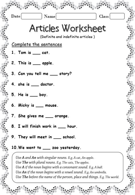 Worksheet on Definite and Indefinite articles Your Home Teacher