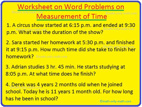 Worksheet on Word Problems on Measurement of Time Time Measurement