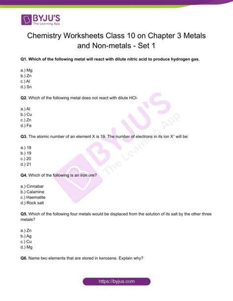 Worksheets Chapter 3 Metals and Non- Metals Class 10 Science