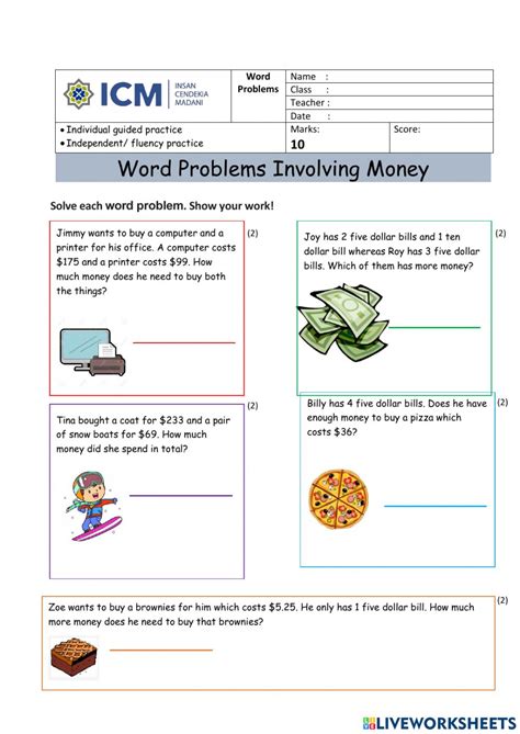 Worksheets On Money Word Problems