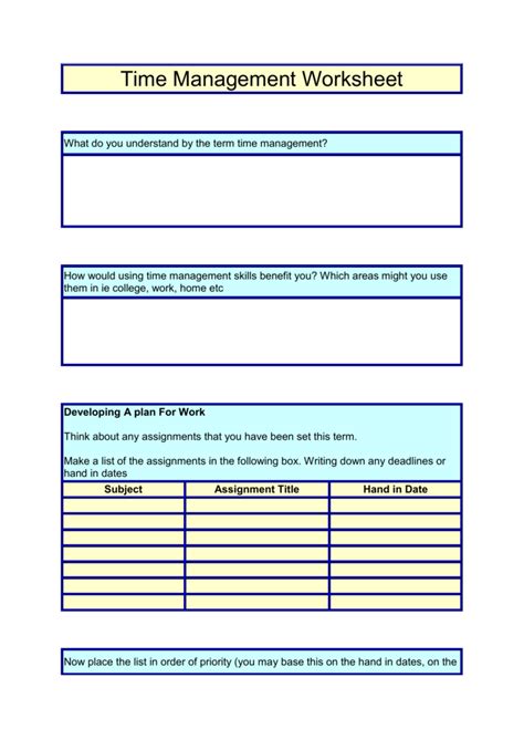 Worksheets On Time Management