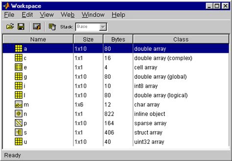 Workspace matlab show.  It provides a graphical representation of the whos display.  ...