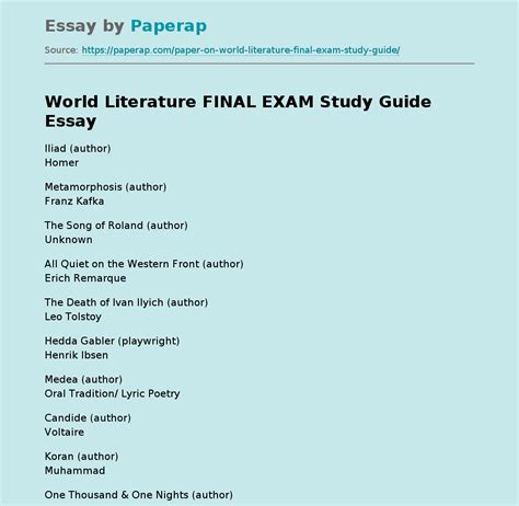 World literature final exam study guide. - The complete guide to managing your parents finances when they cannot a step by step plan to protect their assets.
