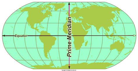 World map with the prime meridian. The Prime Meridian is the meridian defined as 0°00’00” longitude. It is the longitudinal meridian of reference. Unlike the Equator’s position that is determined by the Earth’s rotational axis, the position of the Prime Meridian has been defined arbitrarily over the years as Greenwich in the United Kingdom. 