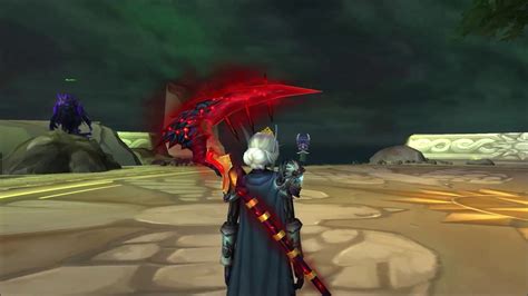 This one matches the color theme of Argus the Unmaker in his Mythic-only phase. These weapons look awesome. I always enjoy it when Blizzard makes some of a boss' unique looks available to the player. Edit: This Scythe hasn't been seen on LFR, Normal and HC (so far), so it is so it is probably Mythic-only.. 