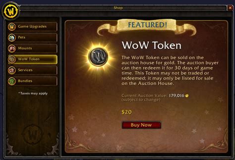 Wow wow token. WoW Tokens are not available in WoW Classic. WoW Token purchased from the Shop for real money can be sold on the in-game Auction House for gold. Tokens purchased on the Auction house for gold can be redeemed for $15 of Battle.net Balance or 30 days of Game Time. For detailed instructions on using this feature, select a section below. 